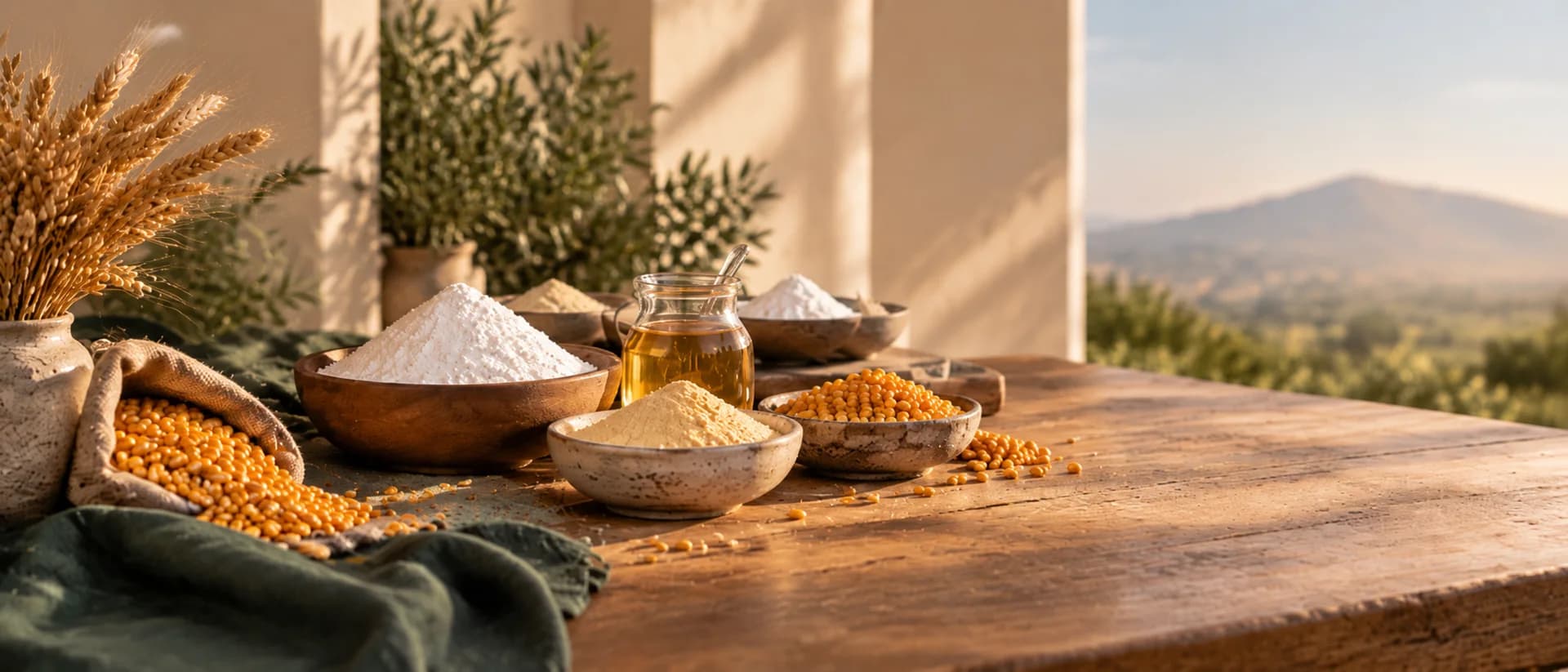 A wooden sampling table carrying wheat, corn, starch, gluten and glucose samples in morning light