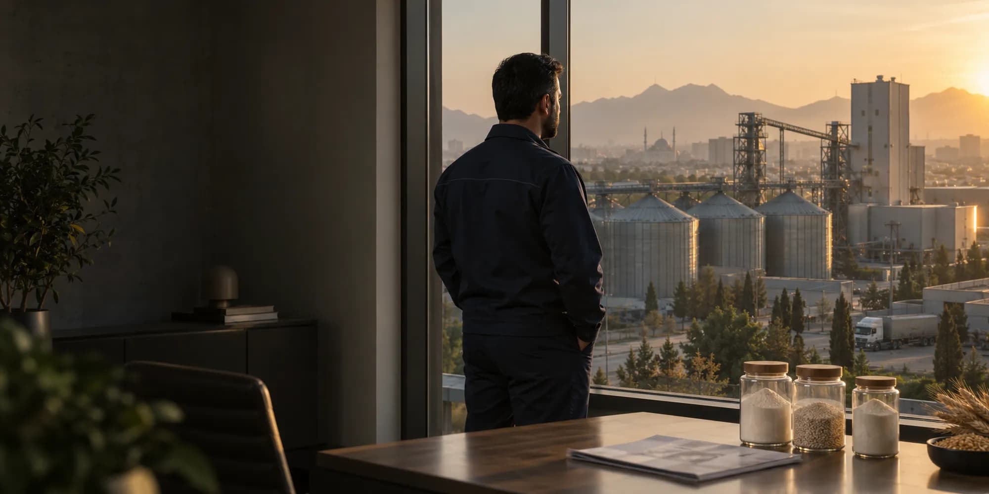 A sales engineer looking out from an office window over grain silos at sunset