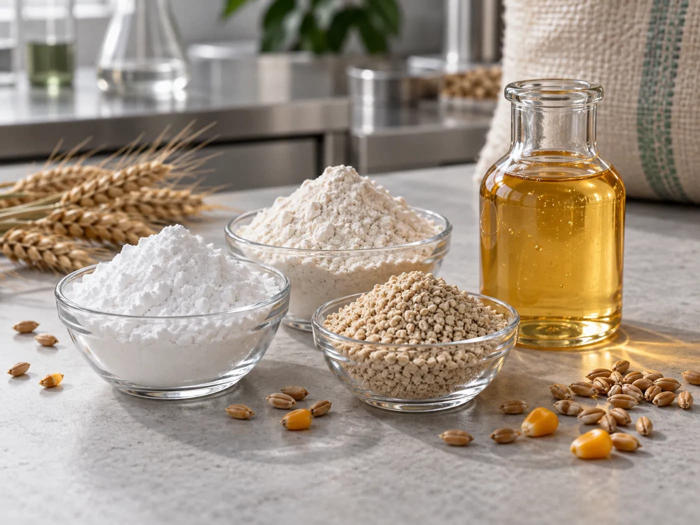 Samples of wheat starch, flour, gluten and glucose syrup on a laboratory bench